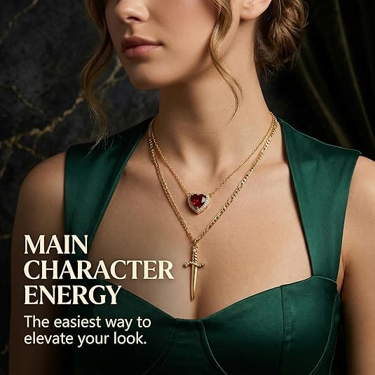 Matching Necklace for Couples 14K Gold Silver Plated Sword and Heart Necklaces Trendy Set Dainty Zirconia Chain Pendant Jewelry Gifts for Him and Her