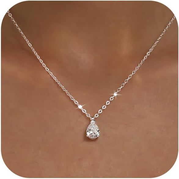 Silver Necklace for Women 14K Silver Plated Dainty Pendant Chain Puffy Heart Italian Horn Radiant Sun Compass CZ Teardrop Bow Charm Trendy Jewelry Gift