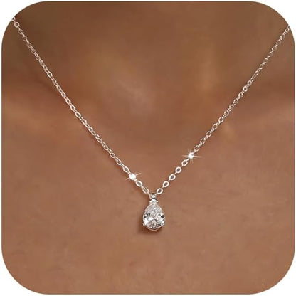 Silver Necklace for Women 14K Silver Plated Dainty Pendant Chain Puffy Heart Italian Horn Radiant Sun Compass CZ Teardrop Bow Charm Trendy Jewelry Gift
