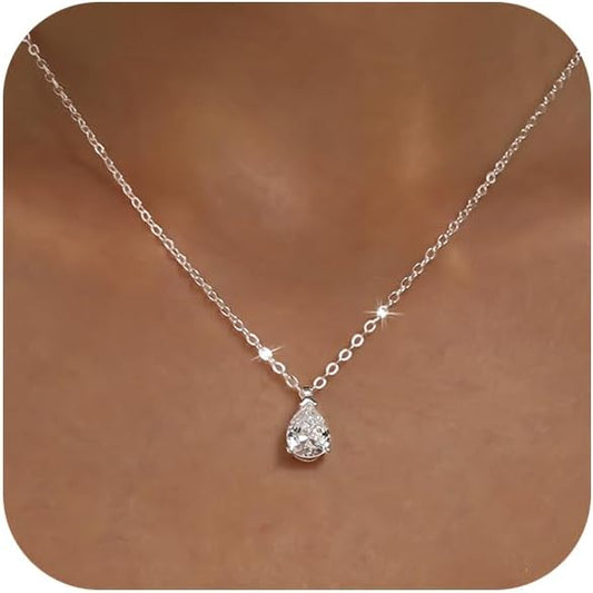 Silver Necklace for Women 14K Silver Plated Dainty Pendant Chain Puffy Heart Italian Horn Radiant Sun Compass CZ Teardrop Bow Charm Trendy Jewelry Gift