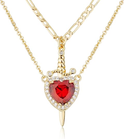Matching Necklace for Couples 14K Gold Silver Plated Sword and Heart Necklaces Trendy Set Dainty Zirconia Chain Pendant Jewelry Gifts for Him and Her