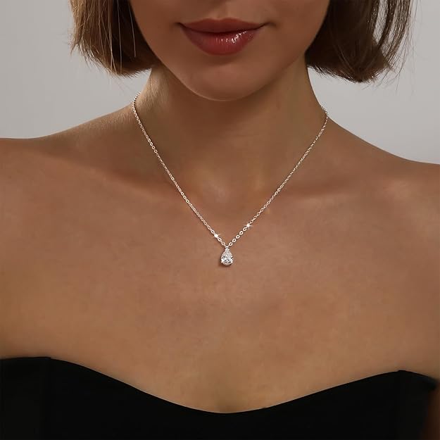 Silver Necklace for Women 14K Silver Plated Dainty Pendant Chain Puffy Heart Italian Horn Radiant Sun Compass CZ Teardrop Bow Charm Trendy Jewelry Gift