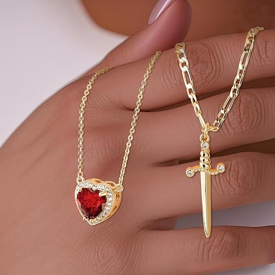 Matching Necklace for Couples 14K Gold Silver Plated Sword and Heart Necklaces Trendy Set Dainty Zirconia Chain Pendant Jewelry Gifts for Him and Her