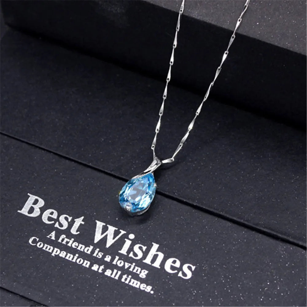 Aquamarine gemstones diamond pendant necklaces for women drop blue crystal white gold silver color choker jewelry gifts bijoux