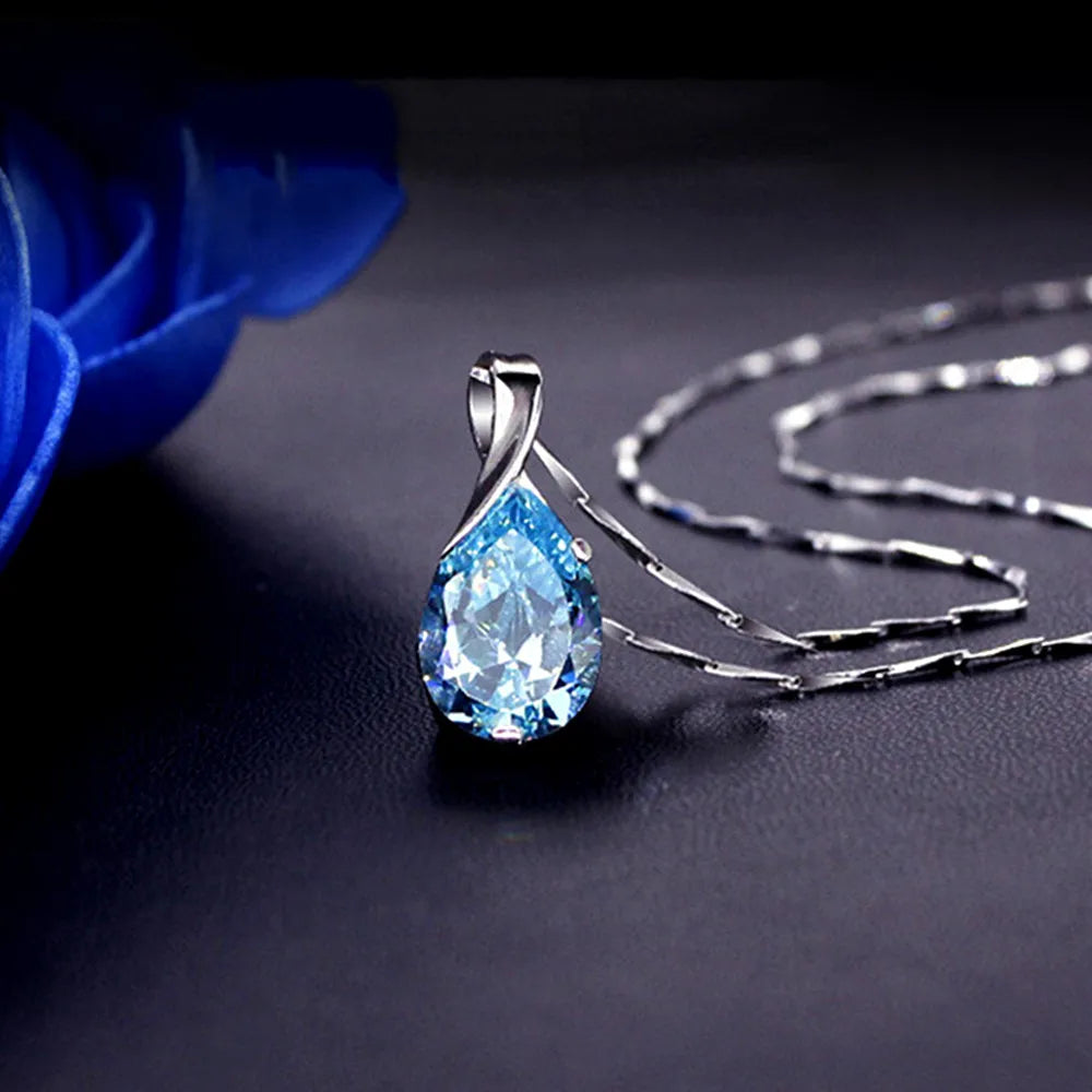 Aquamarine gemstones diamond pendant necklaces for women drop blue crystal white gold silver color choker jewelry gifts bijoux