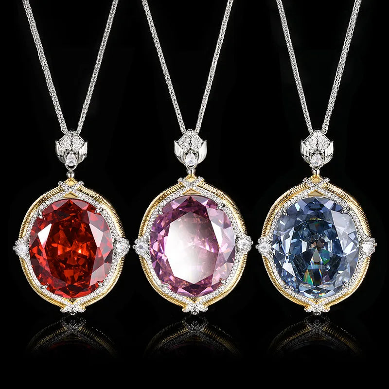 Sparkling High Carbon Diamond Pendant Necklace for Women 25*30mm Blue Pink Red Big Gemstone with Neck Chain Gift Fashion Jewelry