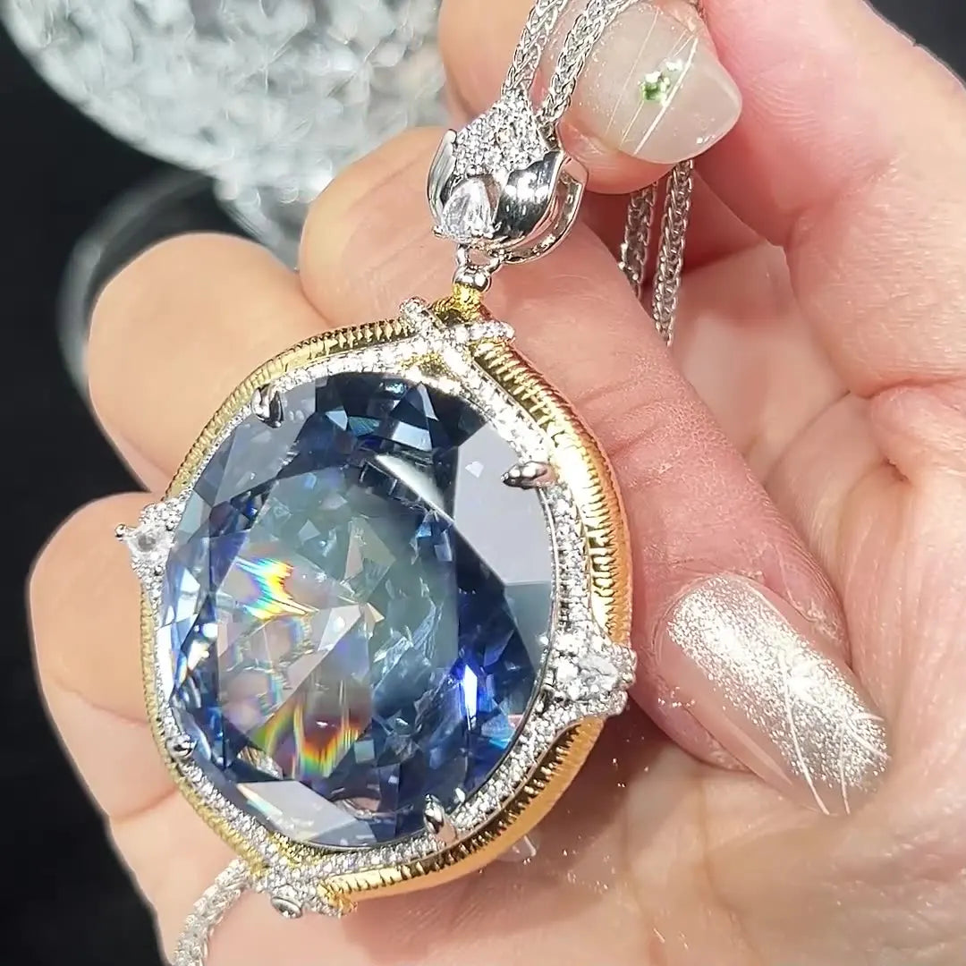 Sparkling High Carbon Diamond Pendant Necklace for Women 25*30mm Blue Pink Red Big Gemstone with Neck Chain Gift Fashion Jewelry