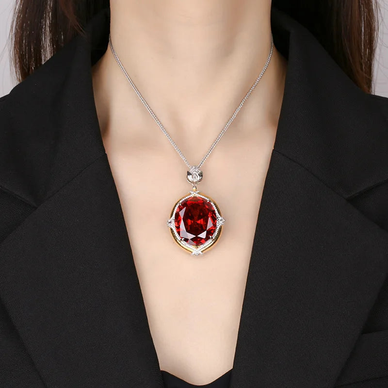Sparkling High Carbon Diamond Pendant Necklace for Women 25*30mm Blue Pink Red Big Gemstone with Neck Chain Gift Fashion Jewelry