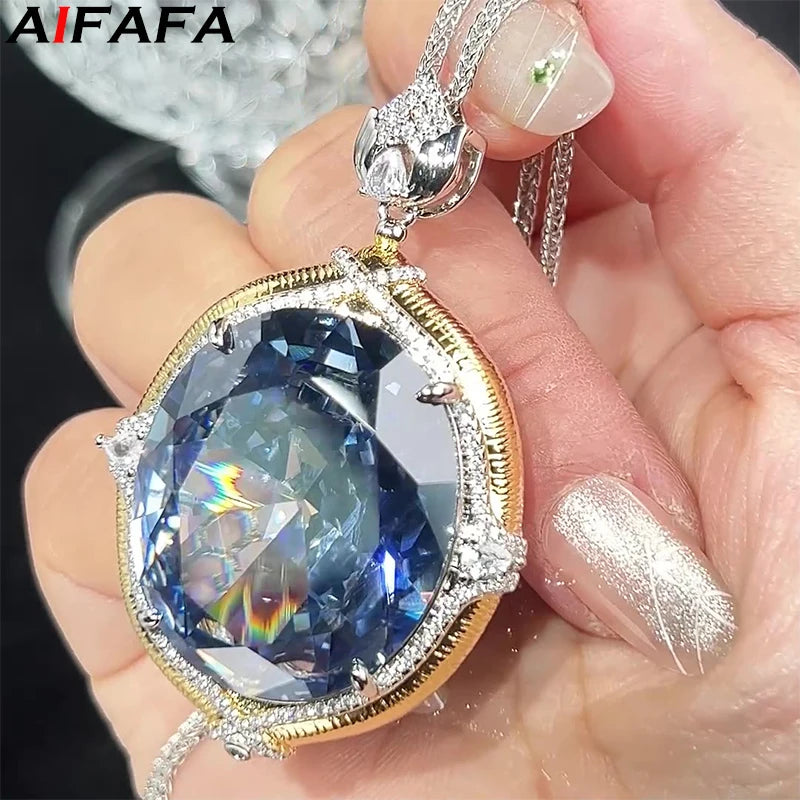 Sparkling High Carbon Diamond Pendant Necklace for Women 25*30mm Blue Pink Red Big Gemstone with Neck Chain Gift Fashion Jewelry