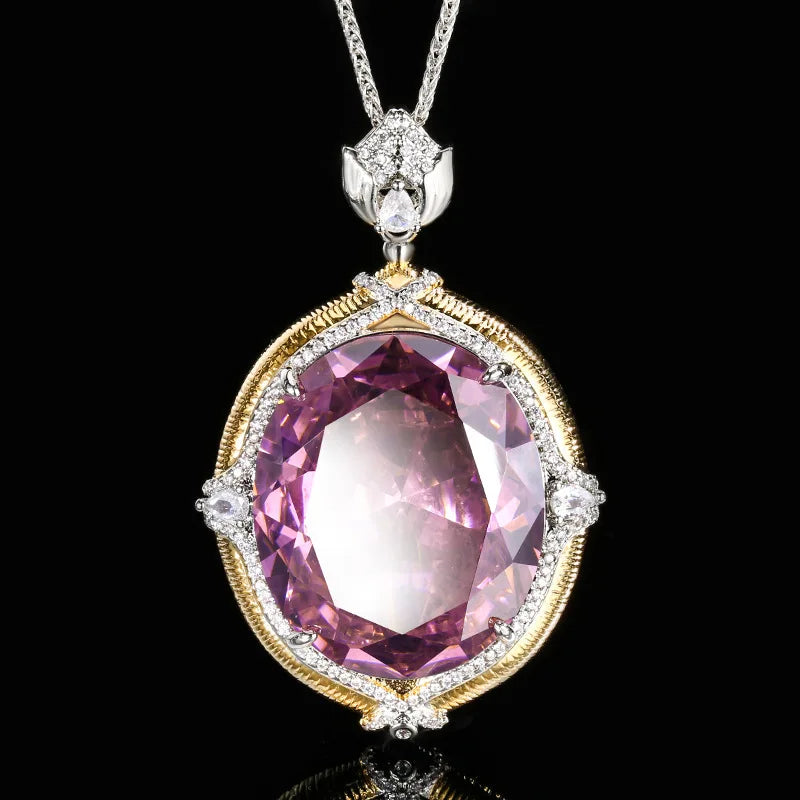 Sparkling High Carbon Diamond Pendant Necklace for Women 25*30mm Blue Pink Red Big Gemstone with Neck Chain Gift Fashion Jewelry